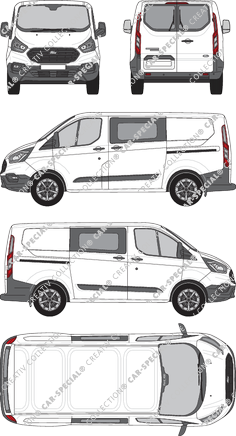 Ford Transit Custom, furgone, L1H1, vitre arrière, Doppelkabine, Rear Wing Doors, 2 Sliding Doors (2018)