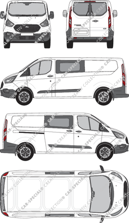 Ford Transit Custom, furgone, L2H1, vitre arrière, Doppelkabine, Rear Wing Doors, 1 Sliding Door (2018)