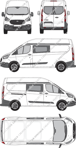 Ford Transit Custom, furgone, L2H2, vitre arrière, Doppelkabine, Rear Wing Doors, 1 Sliding Door (2018)