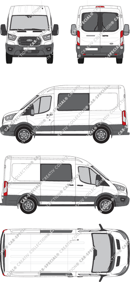 Ford Transit, furgone, L2H2, vitre arrière, Doppelkabine, Rear Wing Doors, 1 Sliding Door (2019)