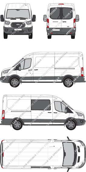 Ford Transit, furgón, L3H2, Heck verglast, rechts teilverglast, Rear Wing Doors, 2 Sliding Doors (2019)