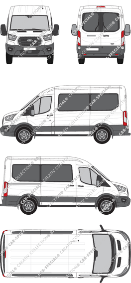 Ford Transit, minibus, L2H2, Rear Wing Doors, 1 Sliding Door (2019)