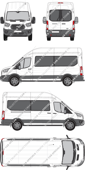Ford Transit, minibus, L3H3, Rear Wing Doors, 1 Sliding Door (2019)