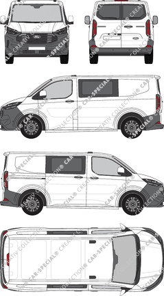 Ford Transit Custom, furgone, L1H1, vitre arrière, Doppelkabine, Rear Wing Doors, 1 Sliding Door (2023)