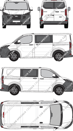 Ford Transit Custom, furgone, L1H1, vitre arrière, Doppelkabine, Rear Wing Doors, 2 Sliding Doors (2023)
