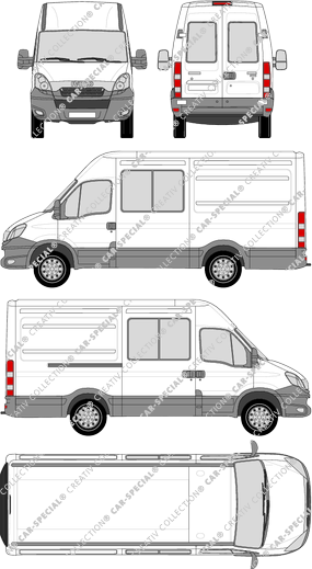 Iveco Daily, furgón, H2, 3300, ventana de parte trasera, cabina doble, Rear Wing Doors, 1 Sliding Door (2012)