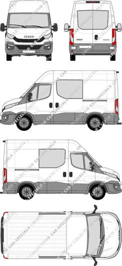 Iveco Daily, furgone, Dachhöhe 2, empattement 3000, vitre arrière, Doppelkabine, 2 Sliding Doors (2014)