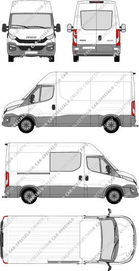 Iveco Daily, Kastenwagen, Dachhöhe 2, Radstand 3520, Heck verglast, rechts teilverglast, 1 Sliding Door (2014)