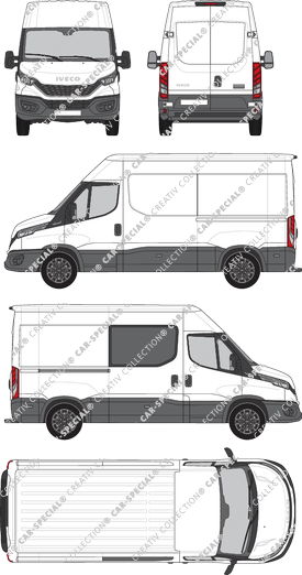 Iveco Daily, furgón, altitud de tejado 2, paso de rueda 3520, rechts teilverglast, Rear Wing Doors, 1 Sliding Door (2021)