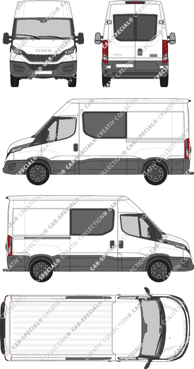 Iveco Daily, furgone, Dachhöhe 2, empattement 3520, vitre arrière, Doppelkabine, Rear Wing Doors, 1 Sliding Door (2021)