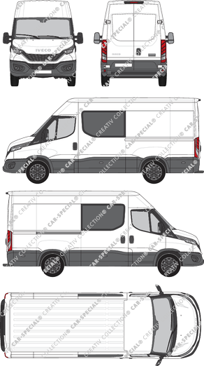 Iveco Daily, furgón, altitud de tejado 2, paso de rueda 3520L, cabina doble, Rear Wing Doors, 1 Sliding Door (2021)
