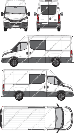 Iveco Daily, furgone, Dachhöhe 2, empattement 3520L, vitre arrière, Doppelkabine, Rear Wing Doors, 2 Sliding Doors (2021)