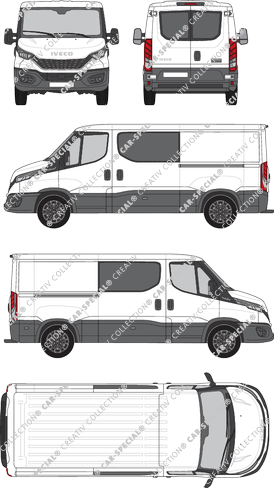 Iveco Daily, furgone, Dachhöhe 1, empattement 3520, vitre arrière, Doppelkabine, Rear Wing Doors, 2 Sliding Doors (2021)