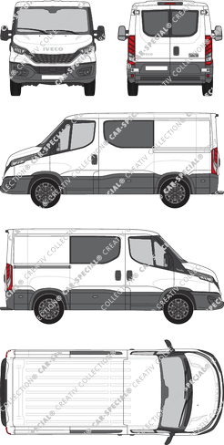 Iveco Daily, furgone, Dachhöhe 1, empattement 3000, vitre arrière, Doppelkabine, Rear Wing Doors, 1 Sliding Door (2021)