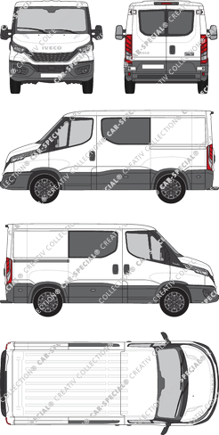 Iveco Daily, Kastenwagen, Dachhöhe 1, Radstand 3000, Heck verglast, Doppelkabine, Rear Wing Doors, 1 Sliding Door (2021)