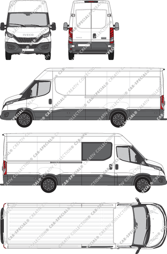 Iveco Daily, van/transporter, roof height 2, wheelbase 4100, rechts teilverglast, Rear Wing Doors, 1 Sliding Door (2021)