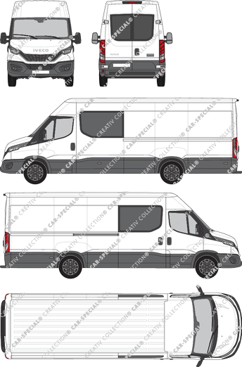 Iveco Daily, furgone, Dachhöhe 2, empattement 4100, vitre arrière, Doppelkabine, Rear Wing Doors, 1 Sliding Door (2021)