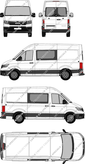 MAN TGE, Heck verglast, Hochdach, fourgon, Standard, Heck verglast, double cabine, Rear Wing Doors, 1 Sliding Door (2017)