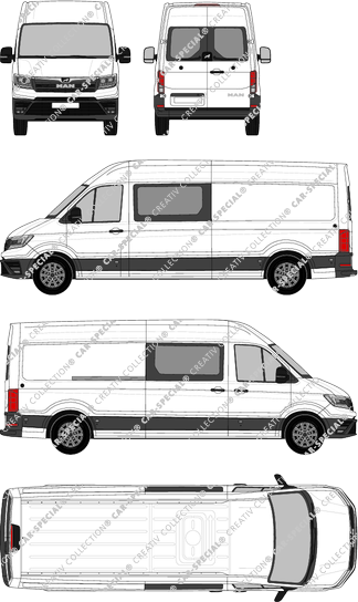 MAN TGE, Heck verglast, Hochdach, Kastenwagen, lang, Heck verglast, Doppelkabine, Rear Wing Doors, 1 Sliding Door (2017)