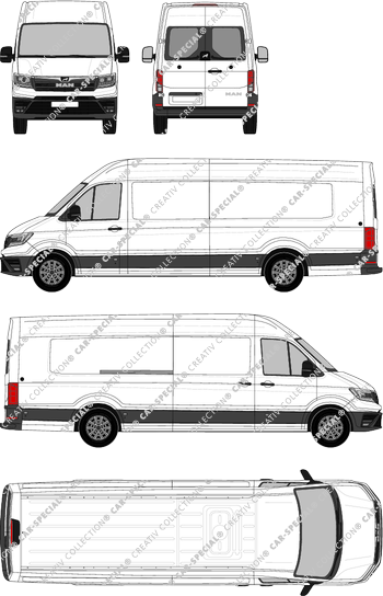 MAN TGE, high roof, van/transporter, extra long, rear window, Rear Wing Doors, 1 Sliding Door (2017)