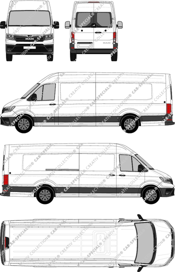 MAN TGE, Hochdach, Kastenwagen, extralang, Heck verglast, Rear Wing Doors, 1 Sliding Door (2017)