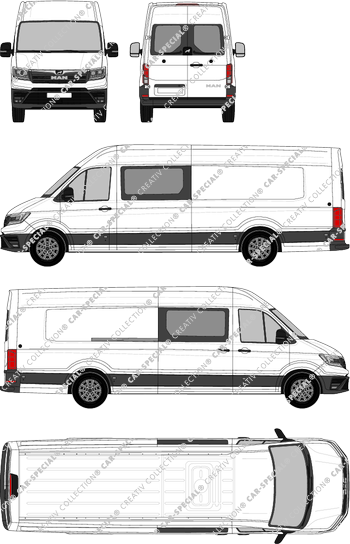 MAN TGE, Heck verglast, high roof, van/transporter, extra long, rear window, double cab, Rear Wing Doors, 1 Sliding Door (2017)