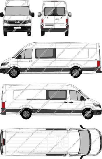 MAN TGE, Heck verglast, tejado alto, furgón, especialmente largo, ventana de parte trasera, cabina doble, Rear Wing Doors, 1 Sliding Door (2017)