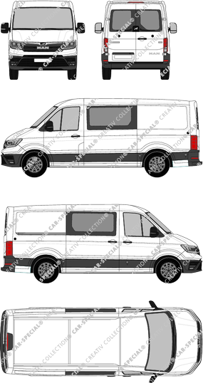 MAN TGE, Heck verglast, tejado normal, furgón, Standard, ventana de parte trasera, cabina doble, Rear Wing Doors, 1 Sliding Door (2017)