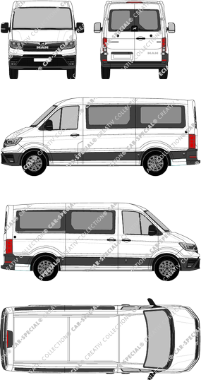 MAN TGE, normal roof, minibus, Standard, Rear Wing Doors, 1 Sliding Door (2017)