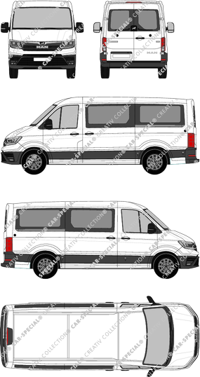 MAN TGE, normal roof, minibus, Standard, Rear Wing Doors, 2 Sliding Doors (2017)
