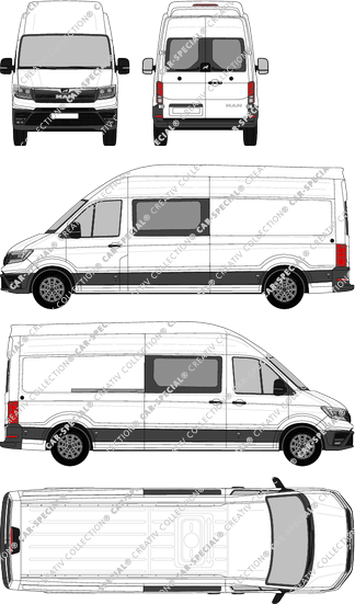 MAN TGE, Heck verglast, tejado muy alto, furgón, largo, ventana de parte trasera, cabina doble, Rear Wing Doors, 1 Sliding Door (2017)