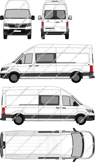 MAN TGE, Heck verglast, tejado muy alto, furgón, largo, ventana de parte trasera, cabina doble, Rear Wing Doors, 2 Sliding Doors (2017)