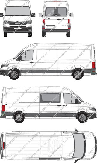 MAN TGE, Hochdach, Kastenwagen, lang, Heck verglast, rechts teilverglast, Rear Wing Doors, 1 Sliding Door (2017)