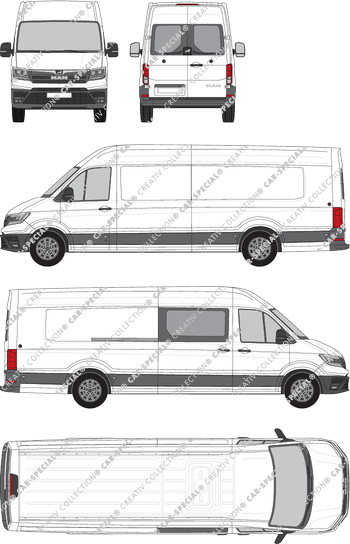 MAN TGE, Hochdach, Kastenwagen, extralang, Heck verglast, rechts teilverglast, Rear Wing Doors, 1 Sliding Door (2017)