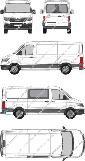 MAN TGE, toit normal, furgone, Standard, Heck verglast, rechts teilverglast, Rear Wing Doors, 1 Sliding Door (2017)