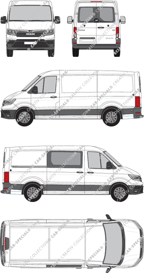 MAN TGE, Normaldach, Kastenwagen, Standard, Heck verglast, rechts teilverglast, Rear Wing Doors, 1 Sliding Door (2017)