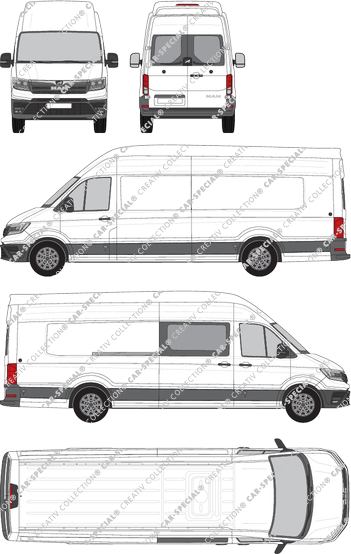 MAN TGE, toit super haut, furgone, extralang, Heck verglast, rechts teilverglast, Rear Wing Doors, 1 Sliding Door (2017)