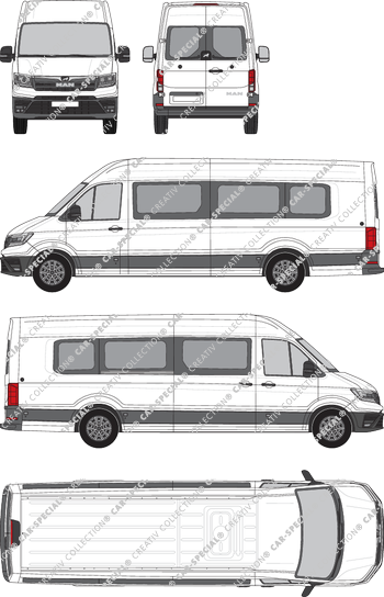 MAN TGE, high roof, minibus, extra long, Heck verglast, rechts teilverglast, Rear Wing Doors, 1 Sliding Door (2017)
