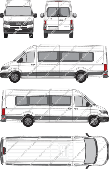 MAN TGE, Hochdach, Kleinbus, extralang, Heck verglast, rechts teilverglast, Rear Wing Doors, 1 Sliding Door (2017)