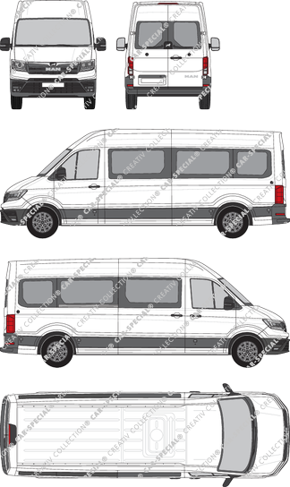 MAN TGE, high roof, minibus, long, Heck verglast, rechts teilverglast, Rear Wing Doors, 1 Sliding Door (2017)