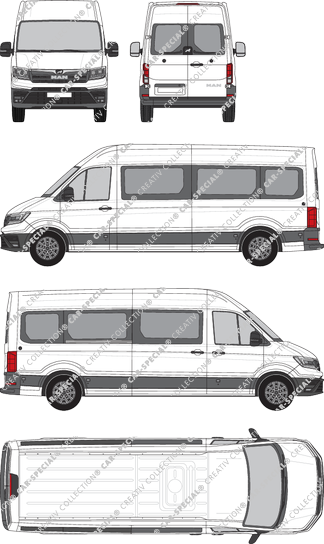 MAN TGE, tejado alto, microbús, largo, Heck verglast, rechts teilverglast, Rear Wing Doors, 1 Sliding Door (2017)