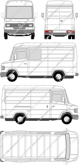 Mercedes-Benz T2, furgone, tetto alto, empattement court, Heck verglast, rechts teilverglast (1986)