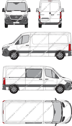 Mercedes-Benz Sprinter, A2, RWD, furgone, Normaldach, Standard, rechts teilverglast, Rear Wing Doors, 1 Sliding Door (2018)