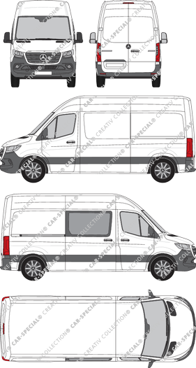 Mercedes-Benz Sprinter, A2, FWD, furgón, tejado alto, Standard, rechts teilverglast, Rear Wing Doors, 1 Sliding Door (2018)