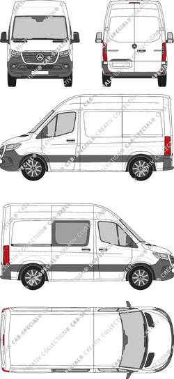 Mercedes-Benz Sprinter, A1, FWD, furgón, tejado alto, compacto, rechts teilverglast, Rear Wing Doors, 1 Sliding Door (2018)