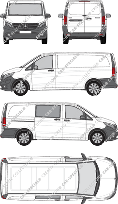 Mercedes-Benz eVito, Kastenwagen, lang, teilverglast rechts, Rear Wing Doors, 1 Sliding Door (2019)