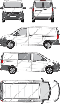 Mercedes-Benz eVito, furgón, largo, Heck verglast, teilverglast rechts, Rear Wing Doors, 2 Sliding Doors (2019)