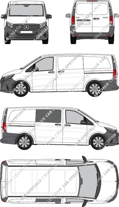 Mercedes-Benz eVito, Kastenwagen, lang, teilverglast rechts, Rear Wing Doors, 2 Sliding Doors (2024)