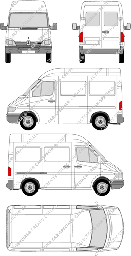 Mercedes-Benz Sprinter, furgón, tejado alto, paso de rueda corto, ventana de parte trasera, 1 Sliding Door (2000)