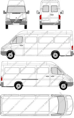 Mercedes-Benz Sprinter, furgón, tejado alto, paso de rueda expecialmente largo, ventana de parte trasera, 1 Sliding Door (2000)